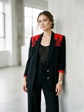 Black Blazer with Red Embroidered Shoulders - Women's Jacket | M
